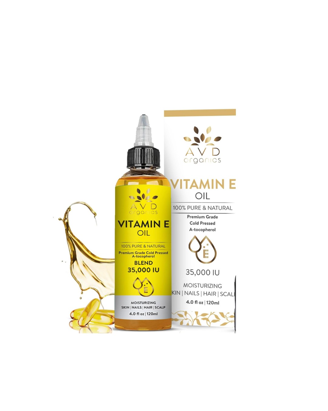 AVD Organics Vitamin E Oil,100% Pure & Natural, Premium Grade, Cold-Pressed, 120ml 