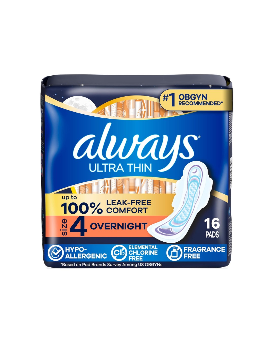 Always Ultra Thin Feminine Pads with Wings for Women, Size 4, Overnight Absorbency, Unscented,16 Count