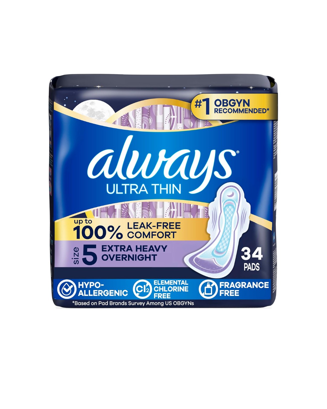 Always Ultra Thin Feminine Pads with Wings,Size 5, Extra Heavy Overnight Absorbency, Unscented, 34 Count