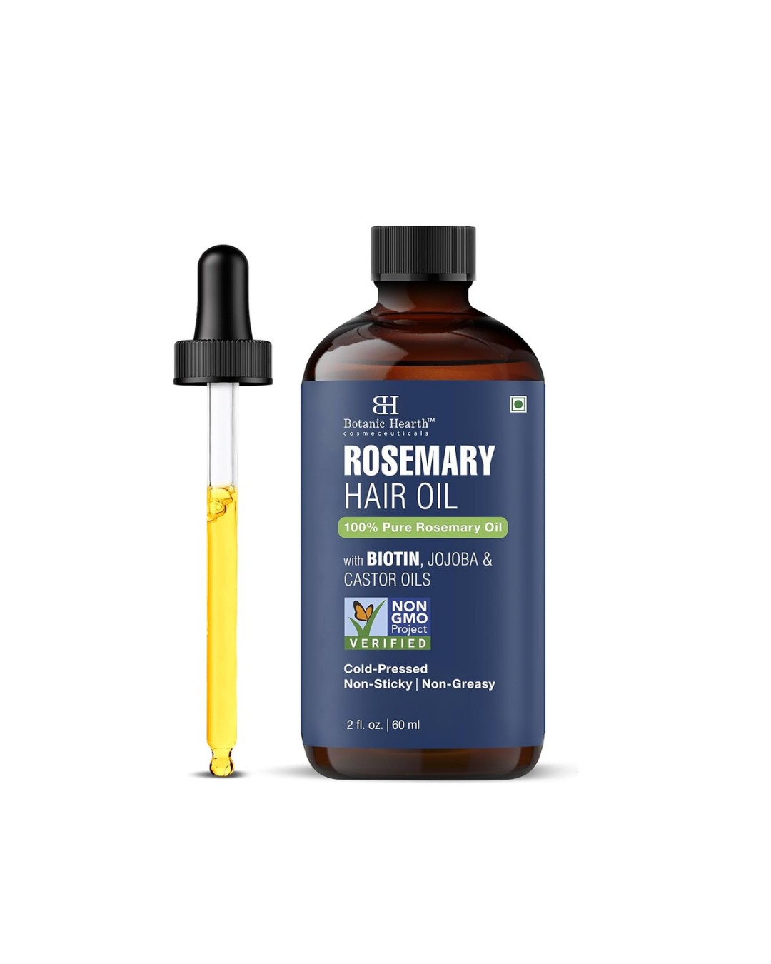 Botanic Hearth Rosemary Oil for Hair Growth with Biotin, Jojoba & Castor Oils, 100% Pure Cold Pressed, Non-Greasy,60ml