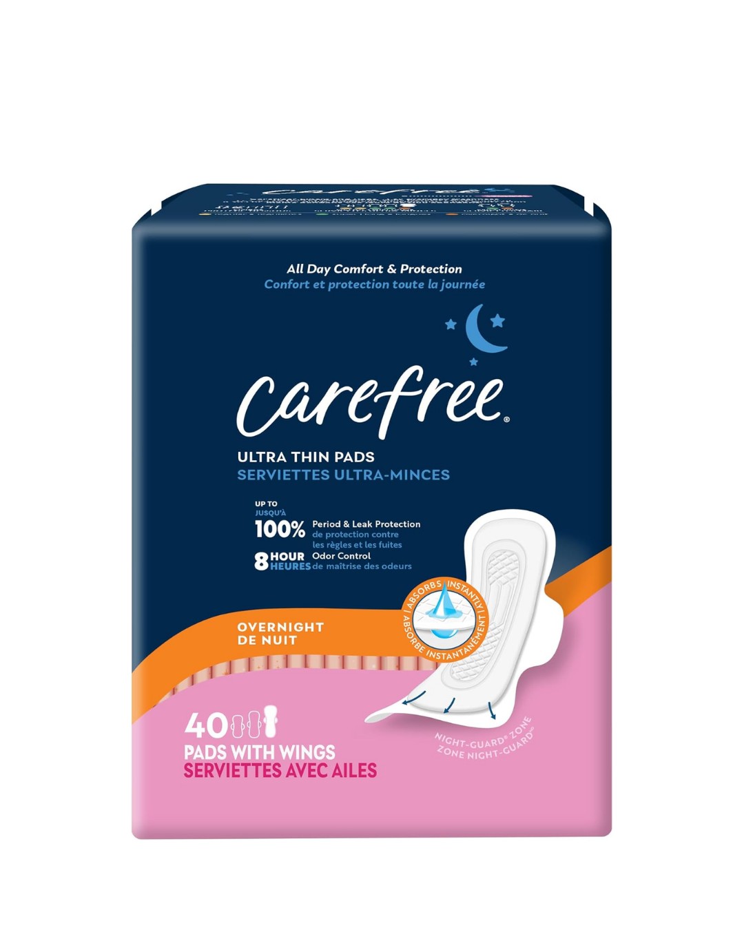 Carefree Ultra Thin Pads for Women, Overnight Pads With Wings, 40ct