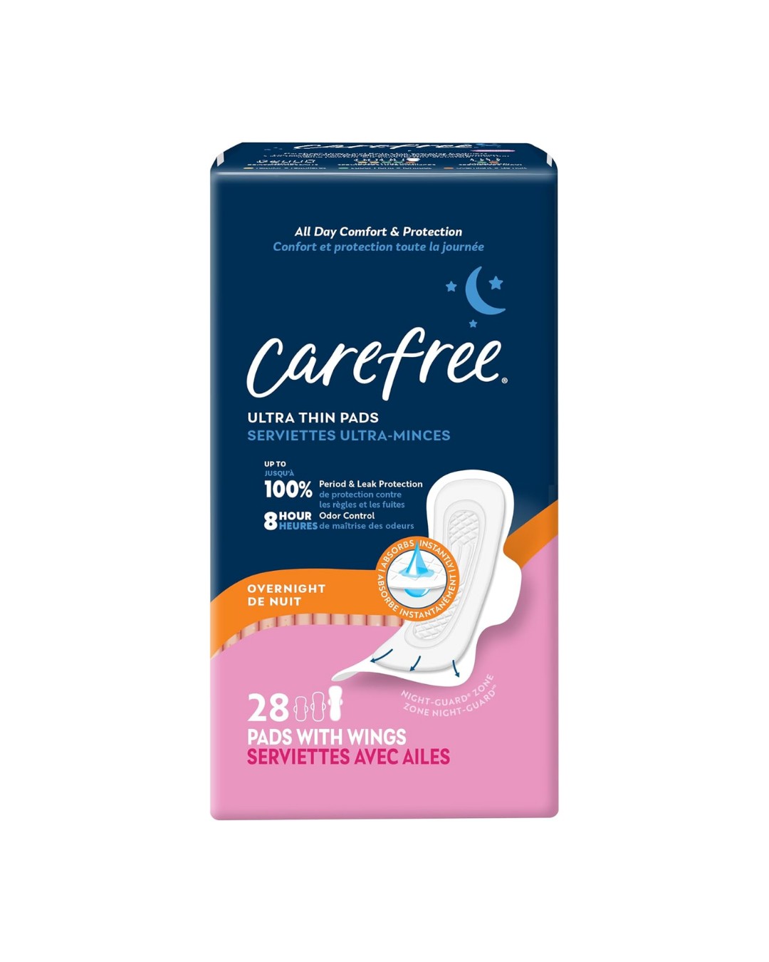 Carefree Ultra Thin Pads, Overnight Pads With Wings, 28ct