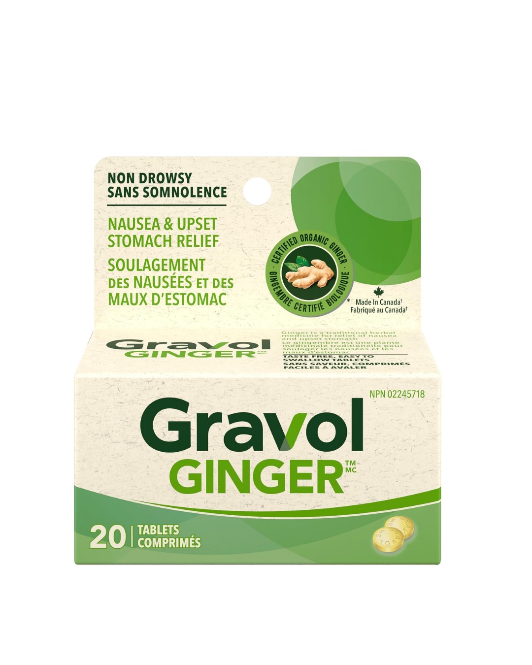 Gravol Ginger - Anti Nausea and Upset Stomach Relief with Organic Ginger Extract, 20 Tablets