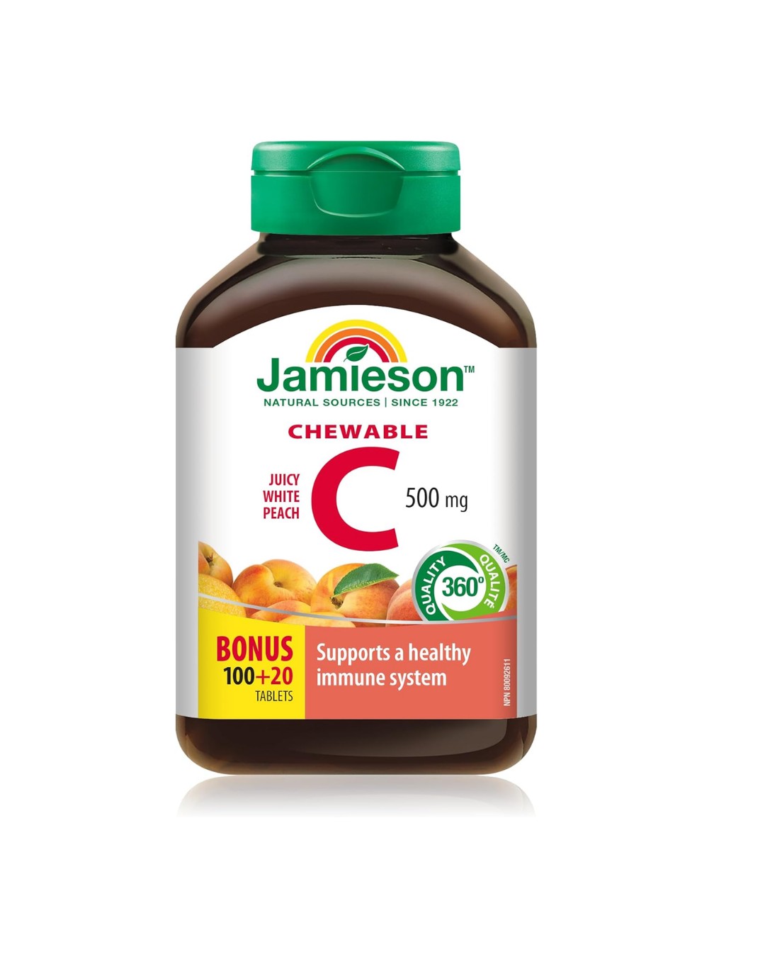 Jamieson Chewable Vitamin C 500 mg Juicy White Peach Flavour. 120 Count