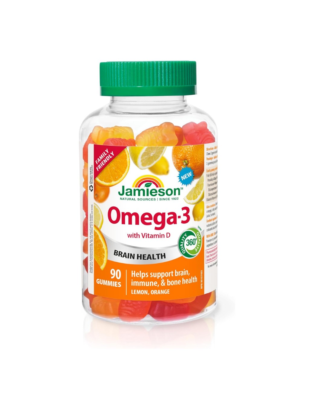 Jamieson Omega-3 Gummy with Vitamin D3,Orange and Lemon Flavours, Family Friendly (3+).90 Gummies