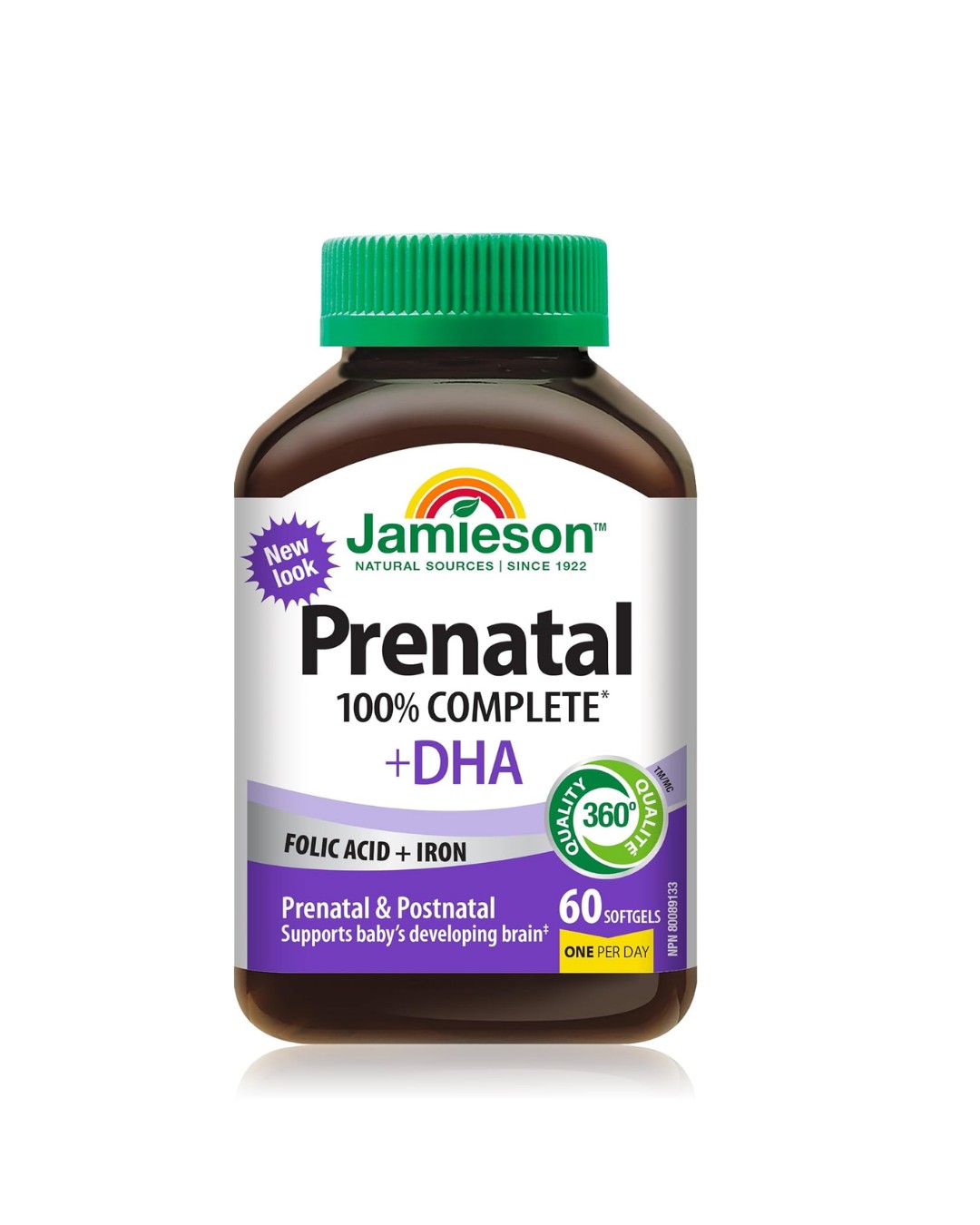 Jamieson Prenatal 100% Complete Multivitamin + DHA, with Folic Acid and Iron, 60 Softgels.