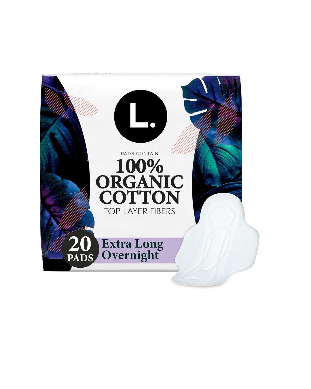 Organic Cotton Top Layer, Extra Long Overnight Absorbency, Menstrual Pads with Wings, 20 Count