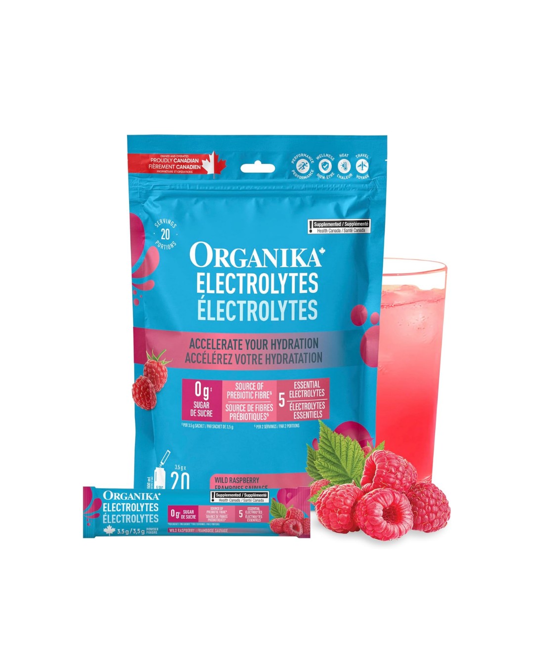 Organika Canadian-Made Electrolytes Powder with Vitamin C & Prebiotic Fibre - Sugar-Free Hydration Drink Mix - Wild Raspberry - 20 Sachets