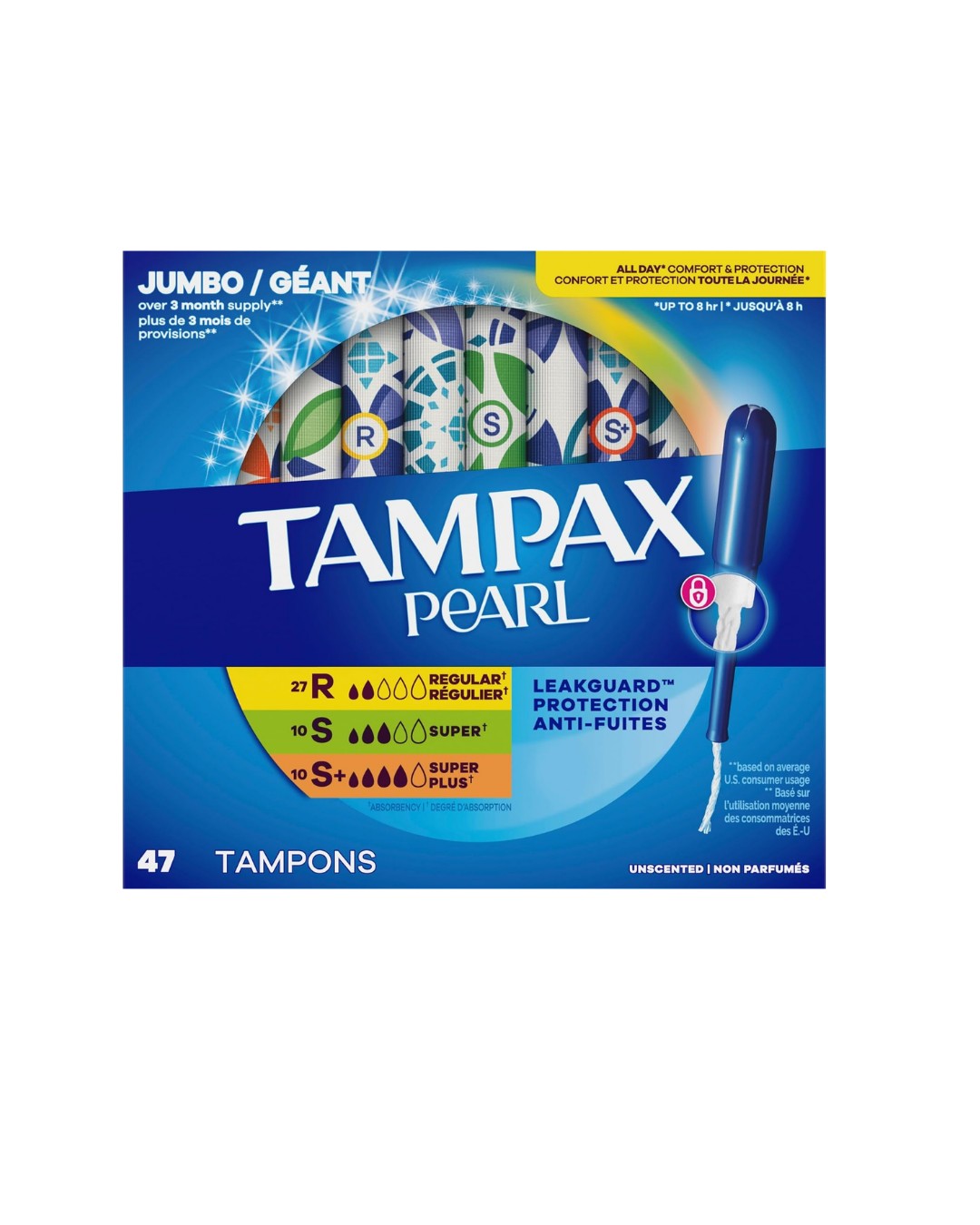 Tampax Pearl Tampons Multipack,Regular/Super/Super Plus Absorbency, Unscented, 47 Count